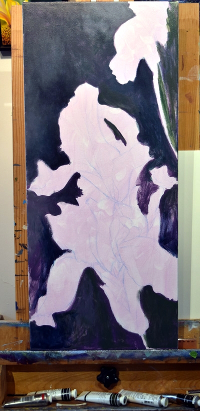 painting in progress, pink background, loose shapes