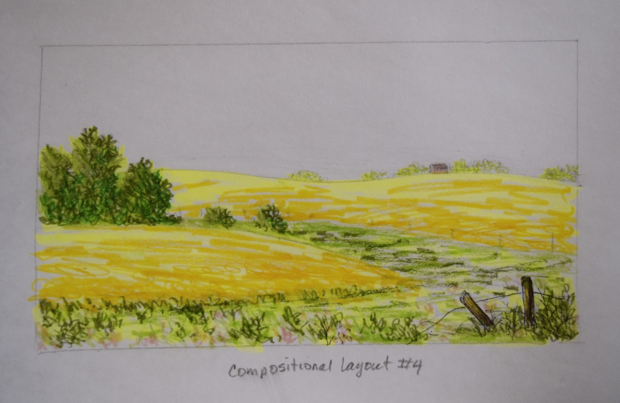 final compositional rough sketch of canola fields in bloom.